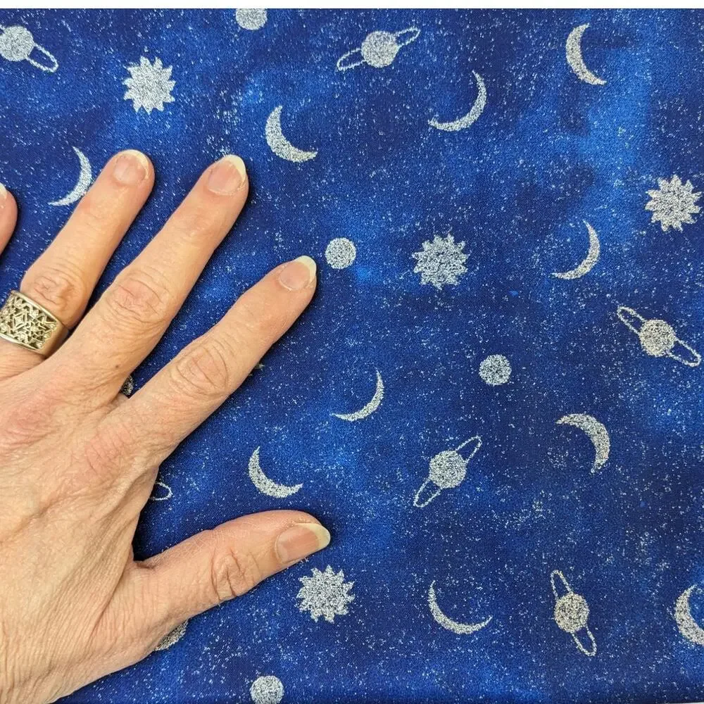 5.75 Yds Vintage Glittery CELESTIAL STARS SUN PLANETS Blue Cotton Stretch Fabric